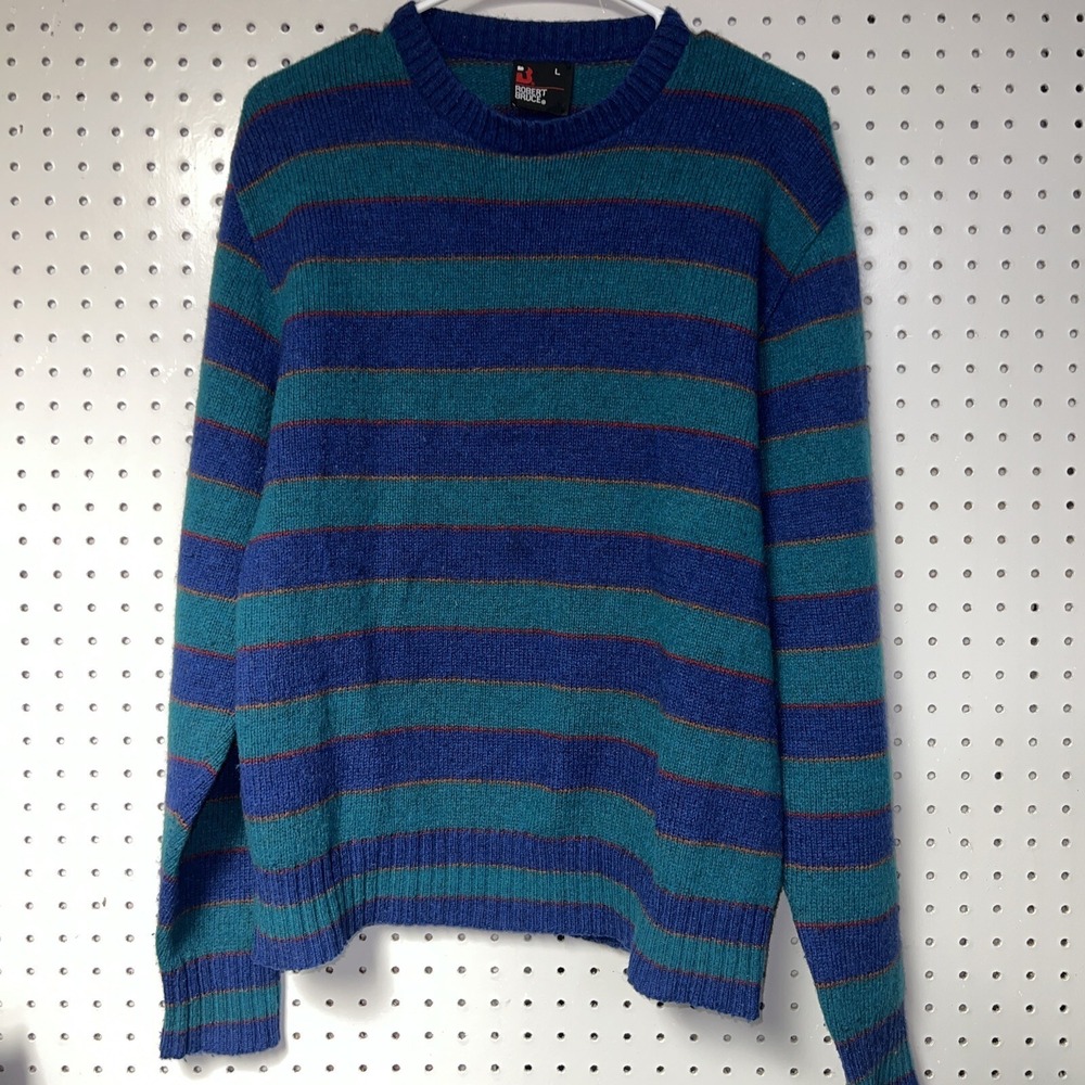 Vtg 80s Robert Bruce Wool Blene Sweater Adult L Striped Crew Neck USA‎
